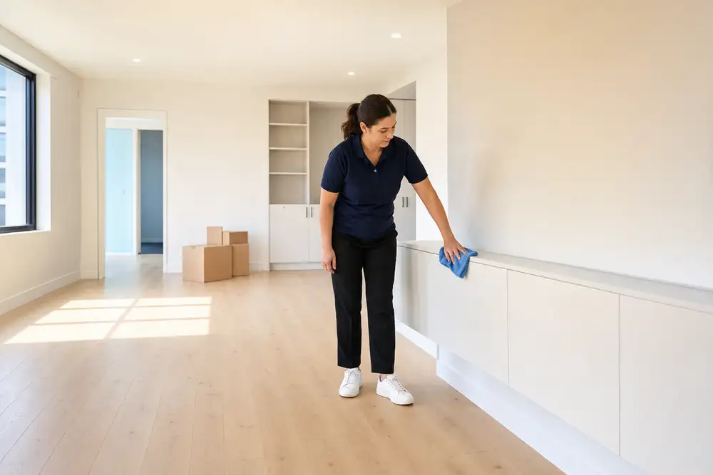 Professional cleaner preparing an empty rental for final inspection