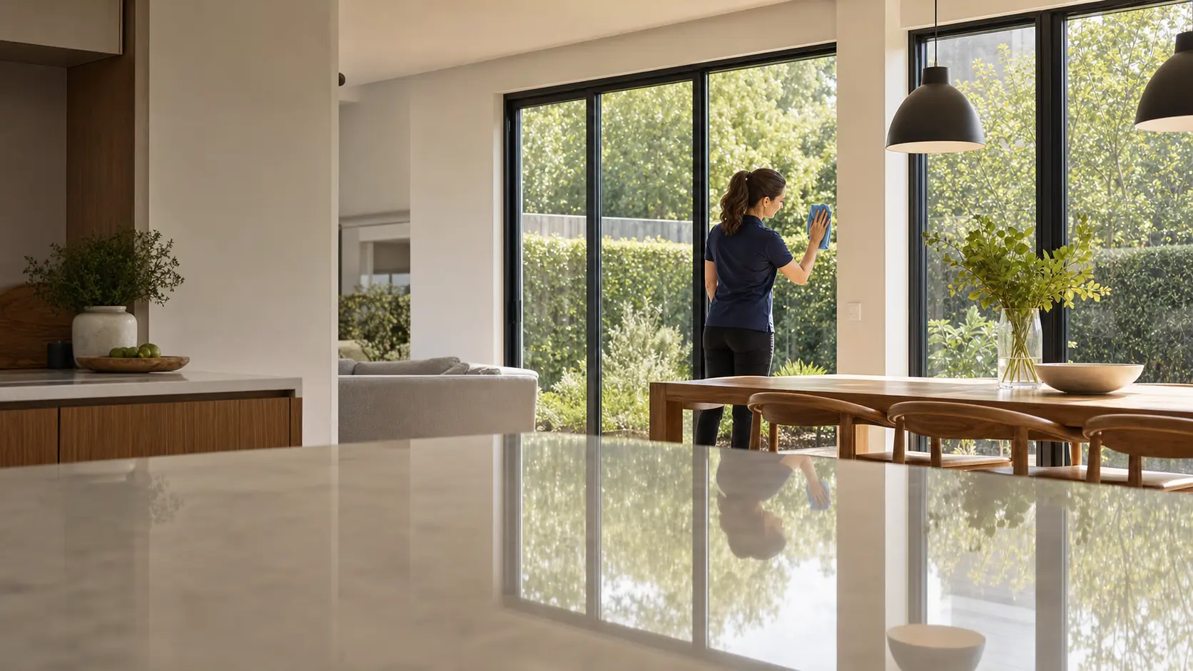 Professional cleaner in a bright Melbourne home