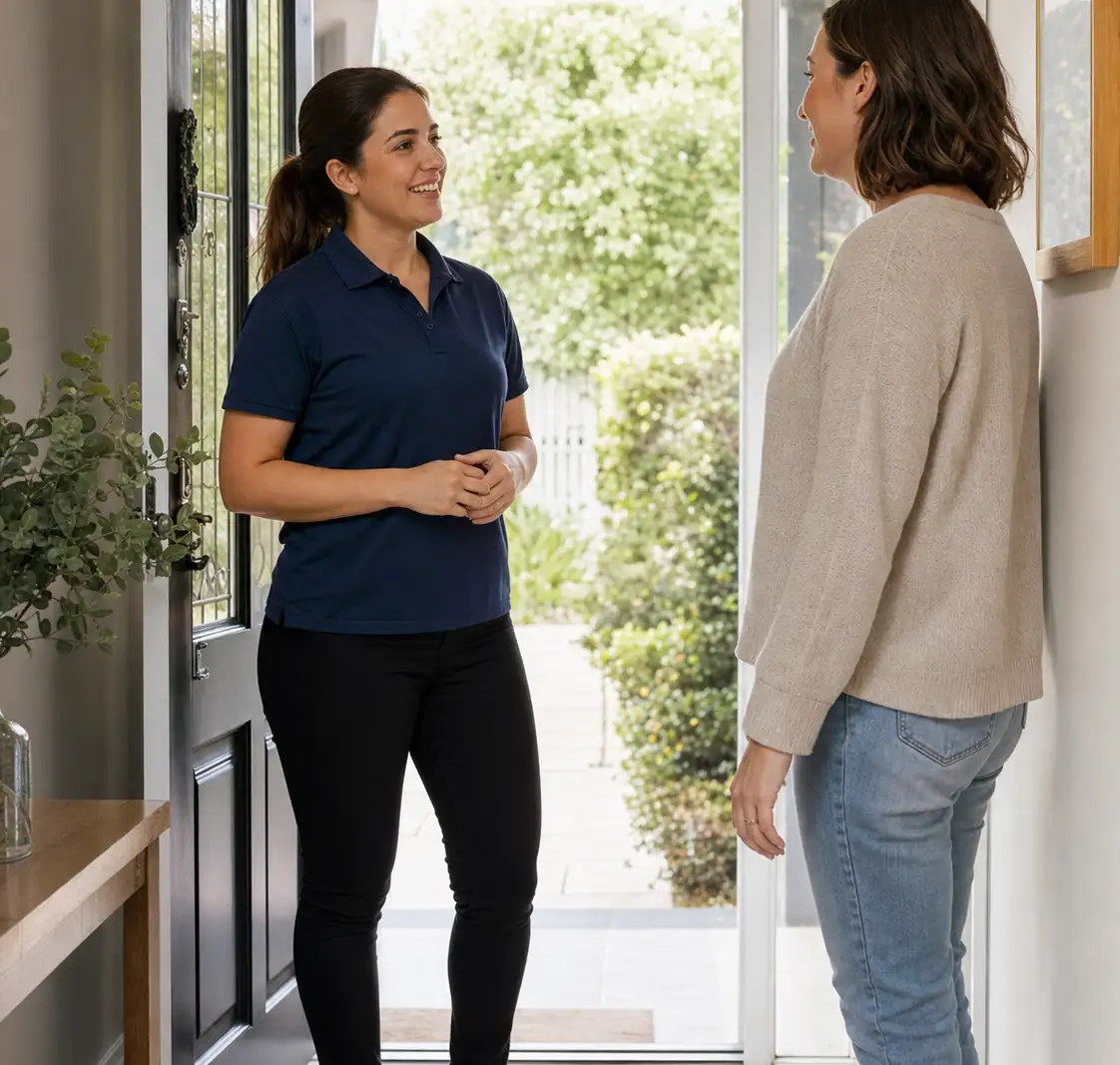 Maid At Home cleaner greeting a resident at a Melbourne home