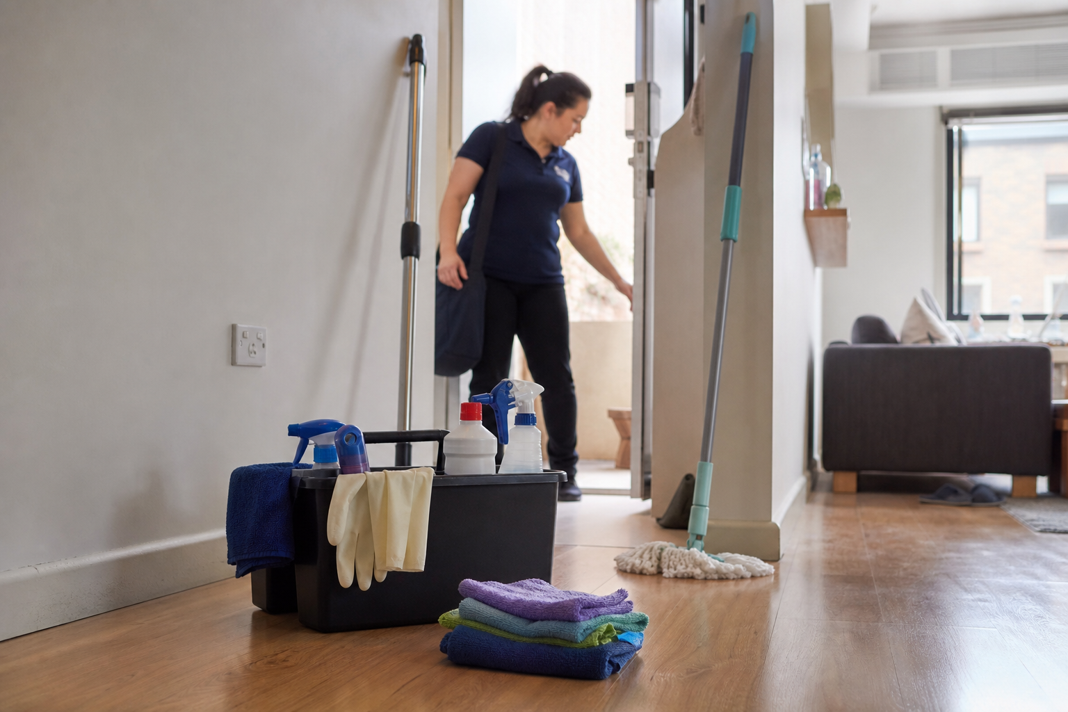 Professional cleaning products and equipment prepared for a house clean