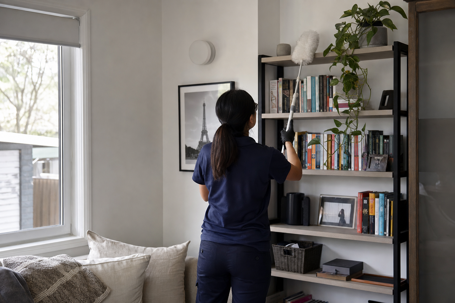 Cleaner completing a detailed deep clean in a maintained home