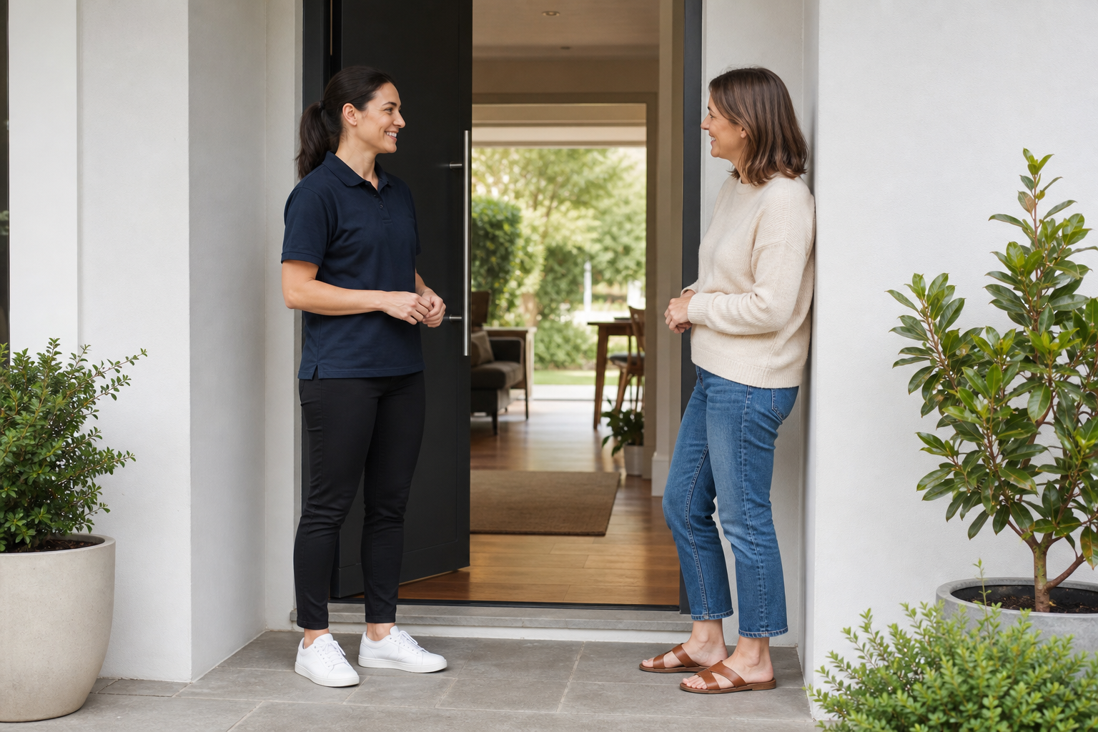 Friendly professional cleaner helping in a bright home