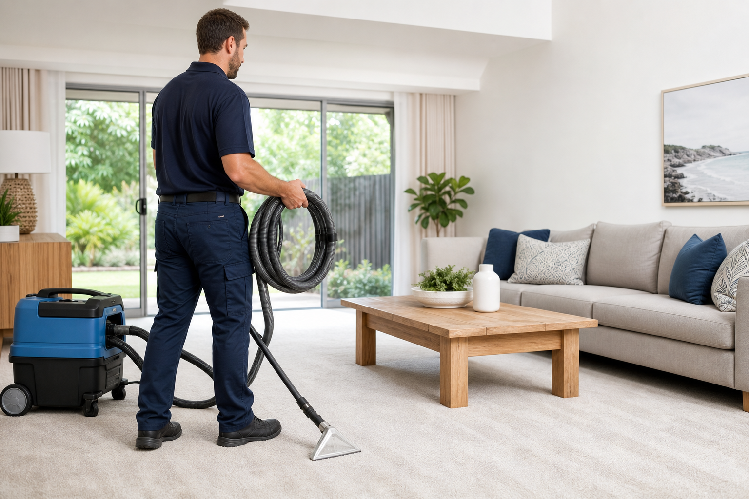 Carpet specialist finishing a steam-cleaning visit