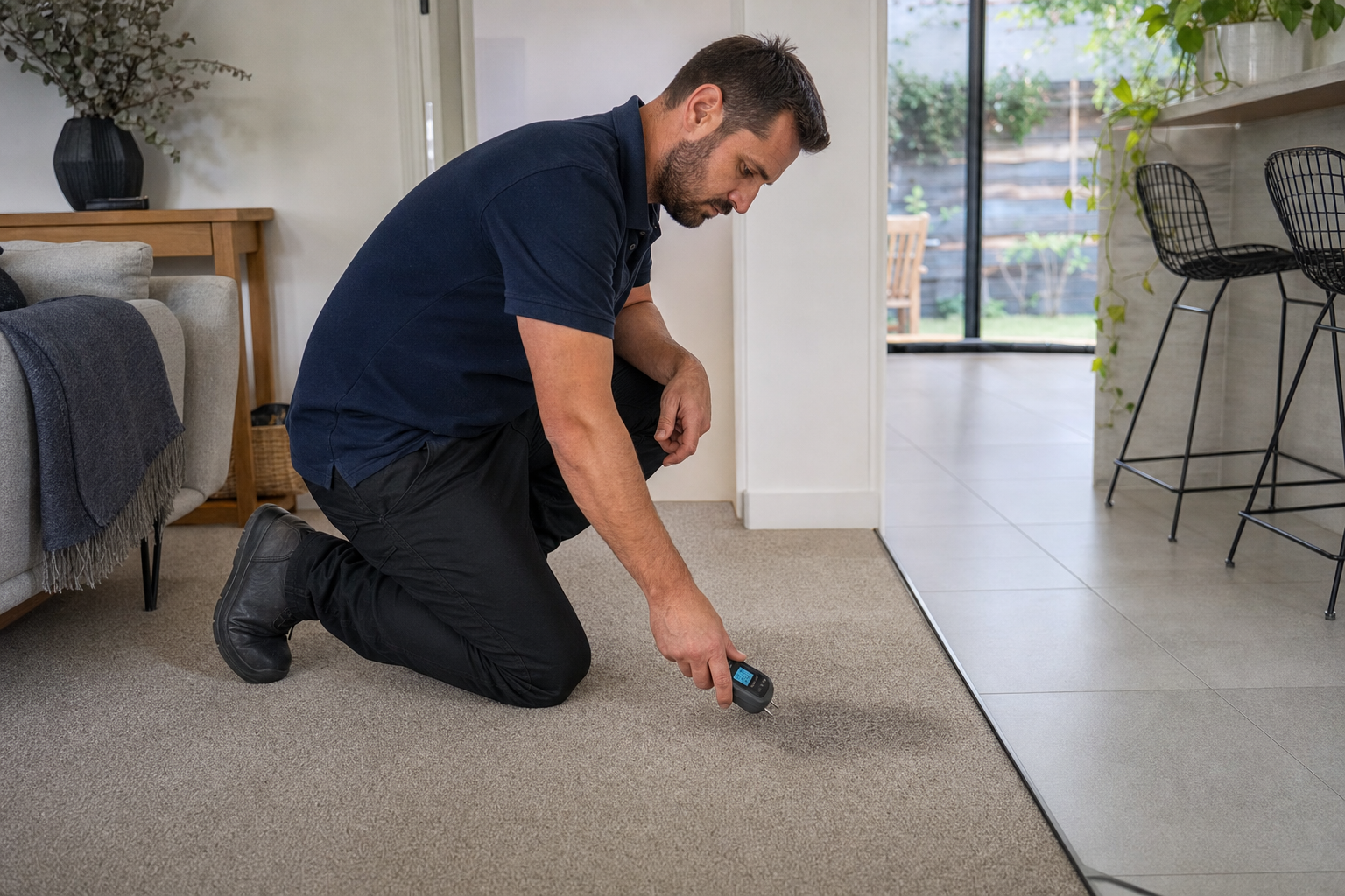 Carpet specialist inspecting a treated carpet edge