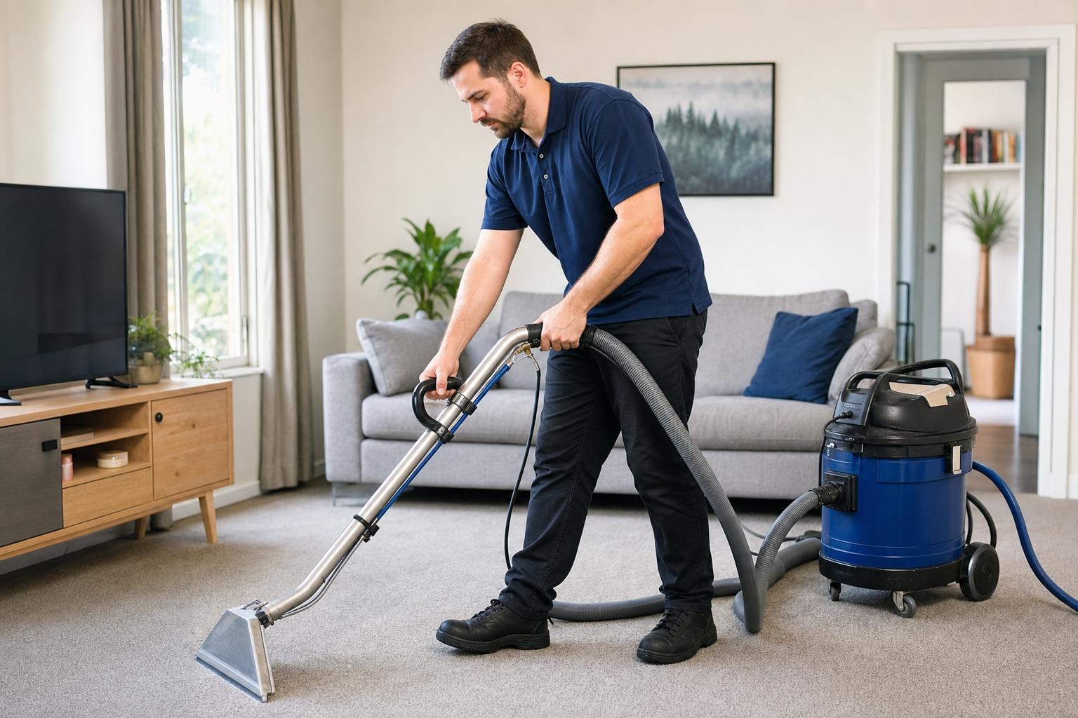 Carpet specialist steam cleaning a Melbourne living room