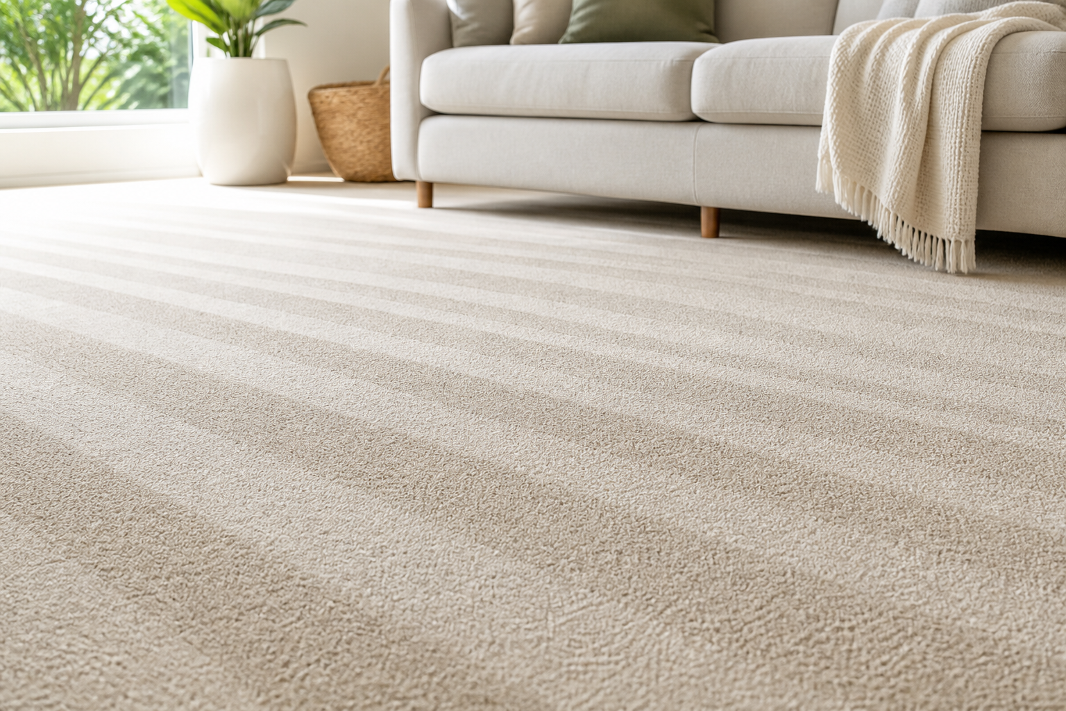 Freshly steam-cleaned carpet drying in a bright Melbourne living room