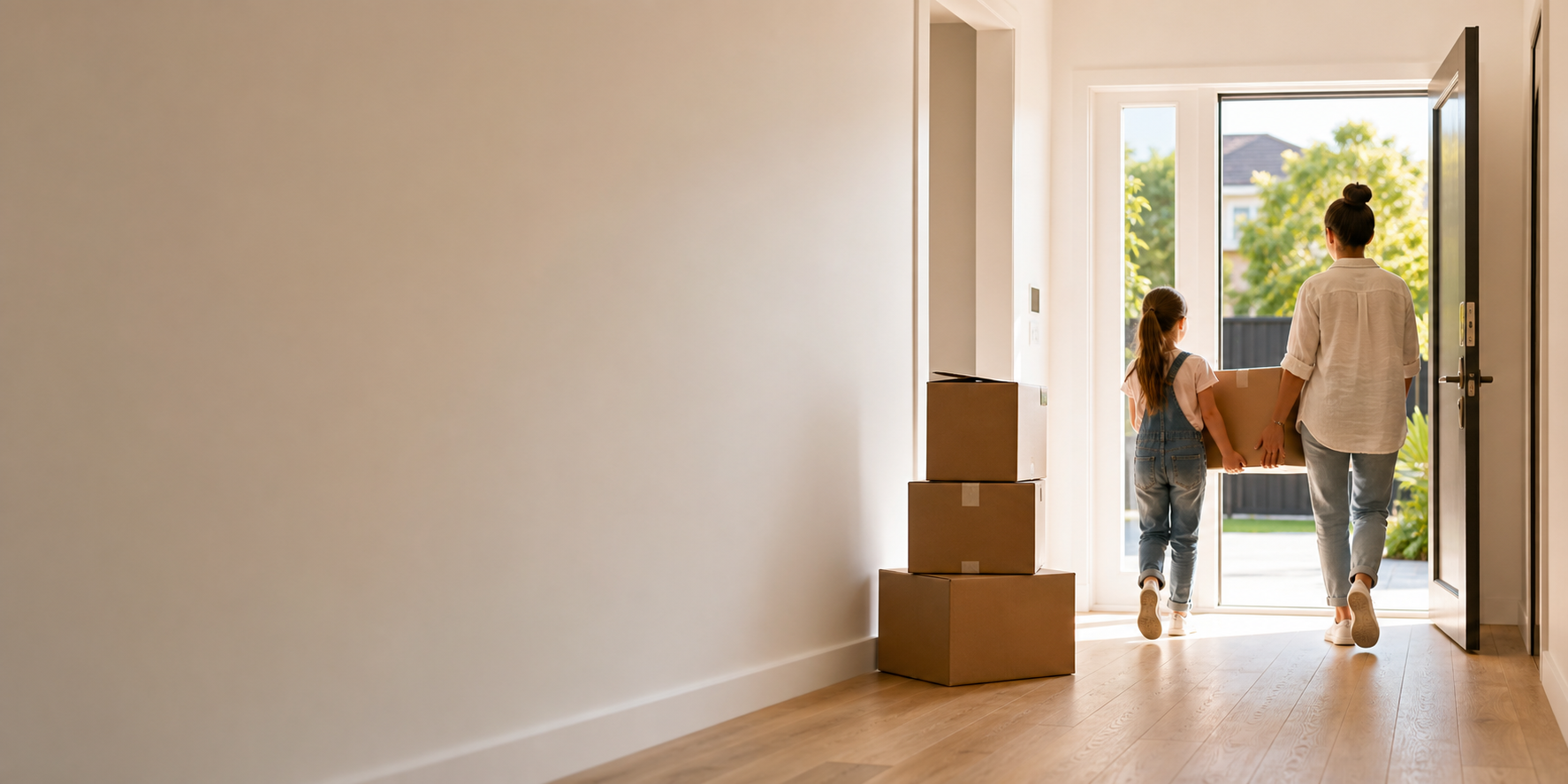 Parent and child carrying the final moving box from a spotless Melbourne home