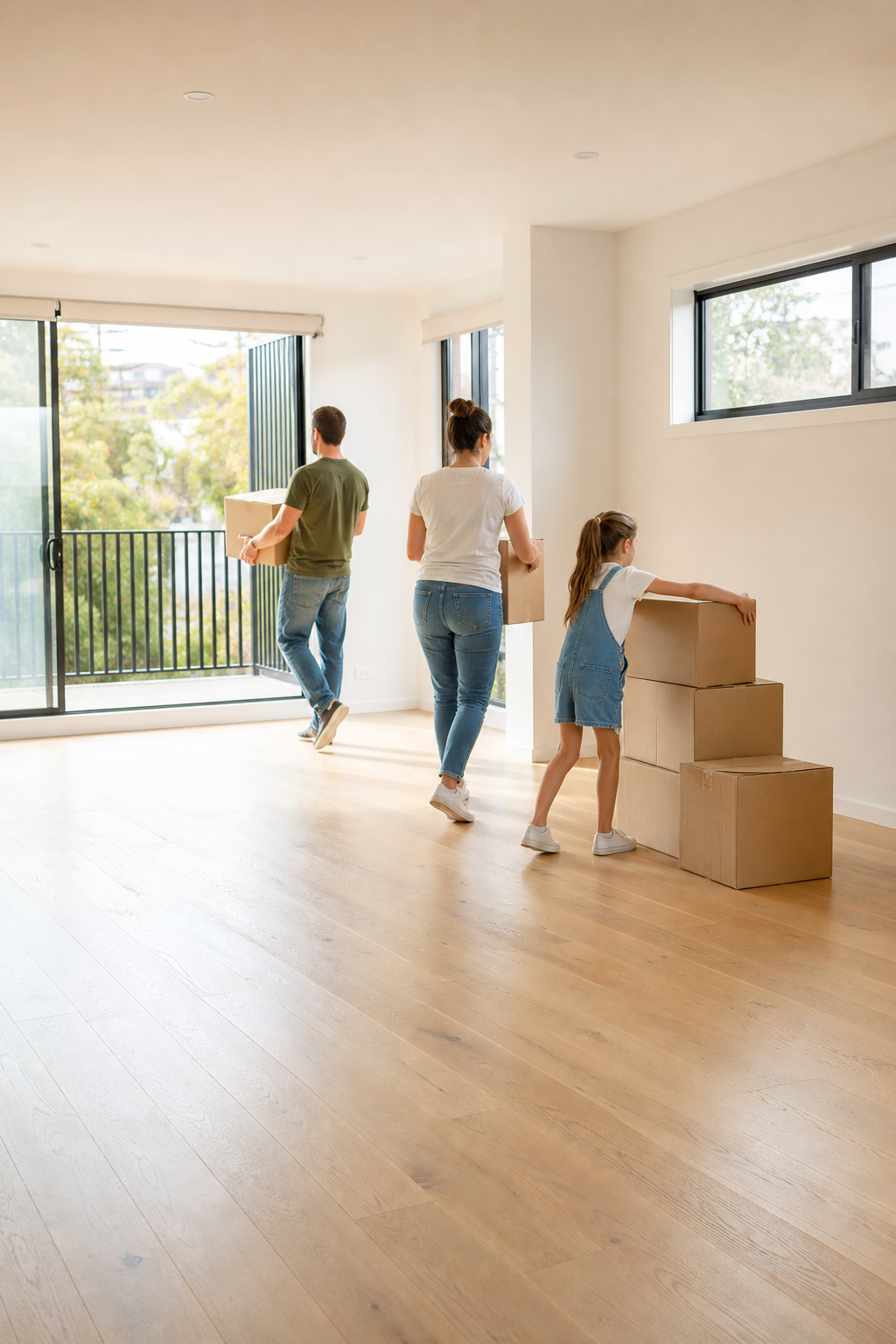Happy family moving out of a spotless Melbourne home with moving boxes