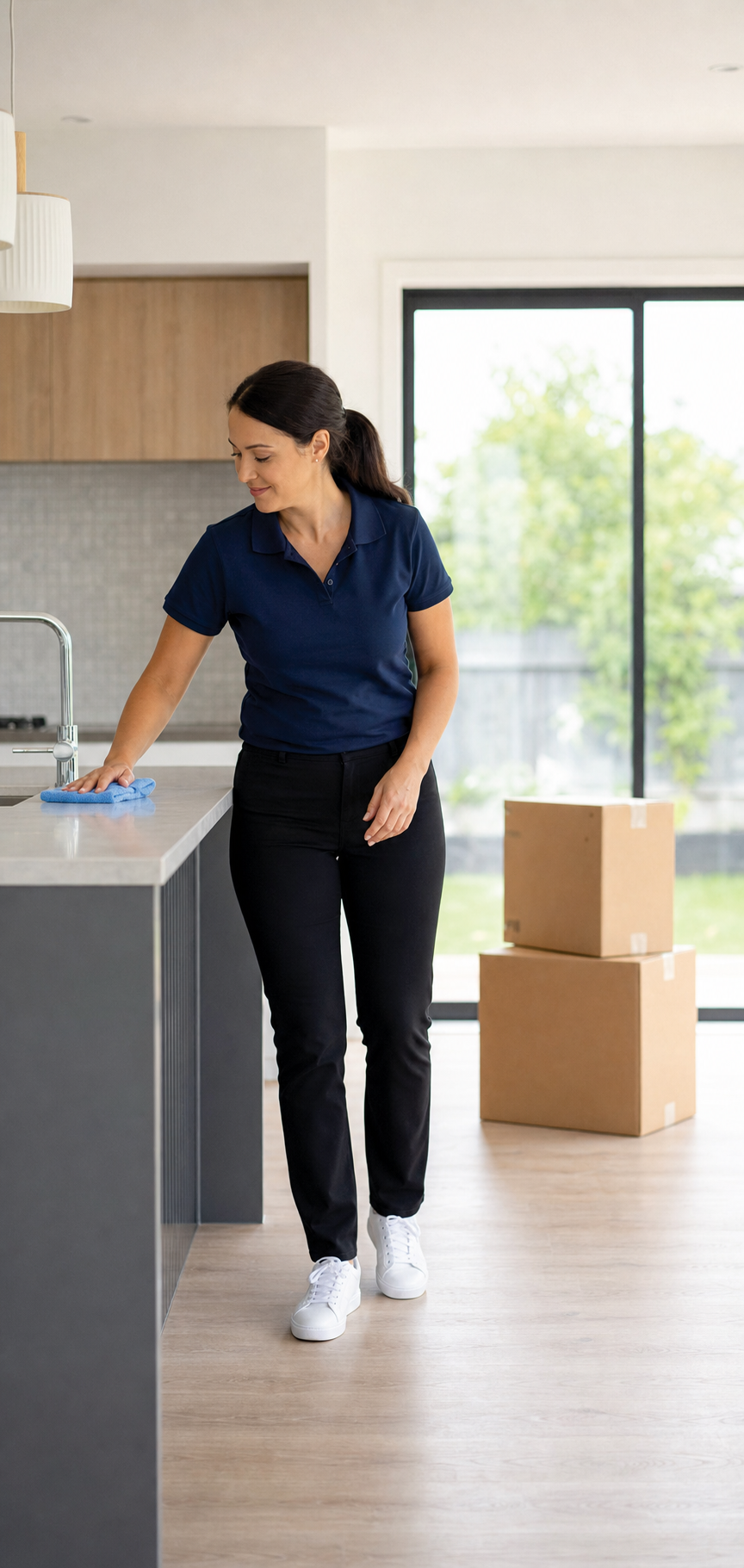 Cleaner preparing a move-in kitchen before furniture arrives