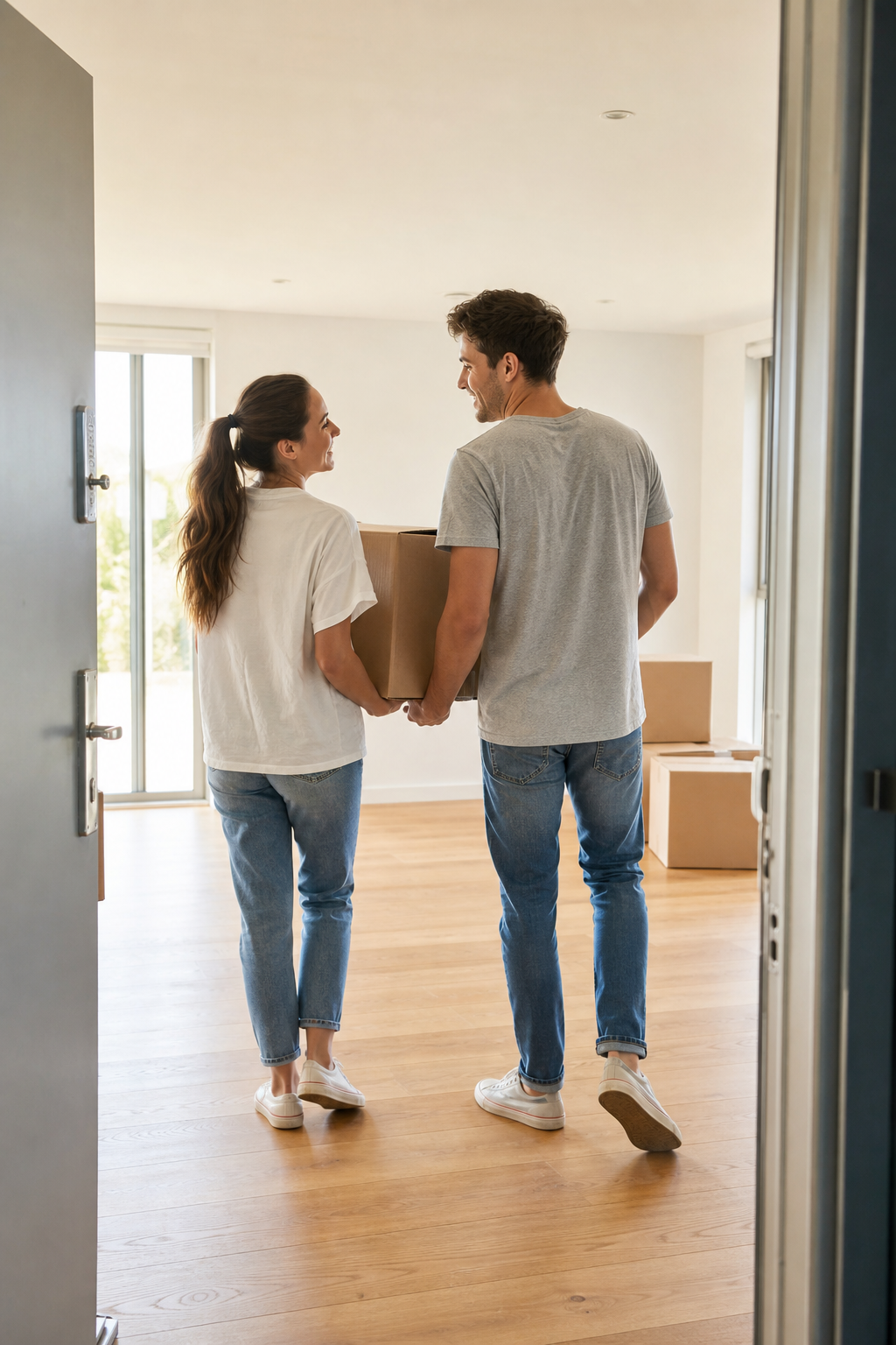 Happy couple carrying boxes into a freshly cleaned home