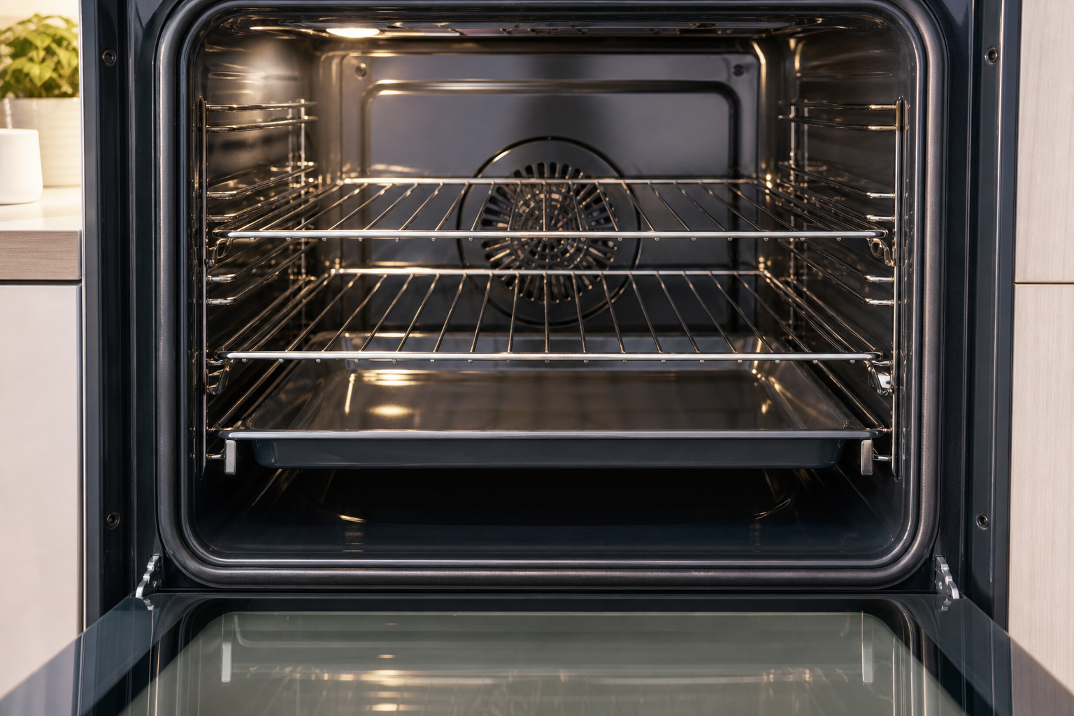 Clean oven cavity, racks and glass after professional degreasing