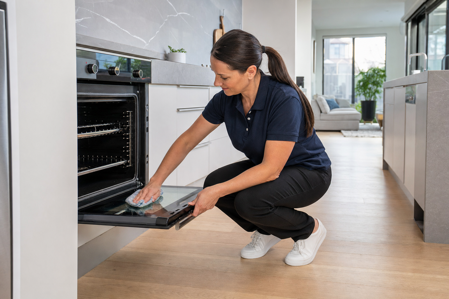 Cleaner degreasing the inside of an oven in a Melbourne kitchen