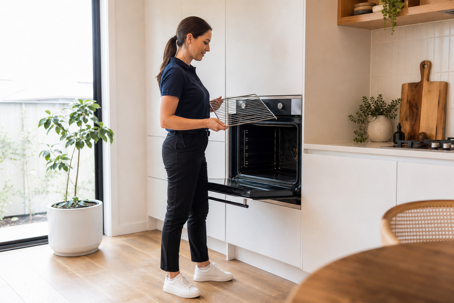 Cleaner checking a removable oven rack before cleaning