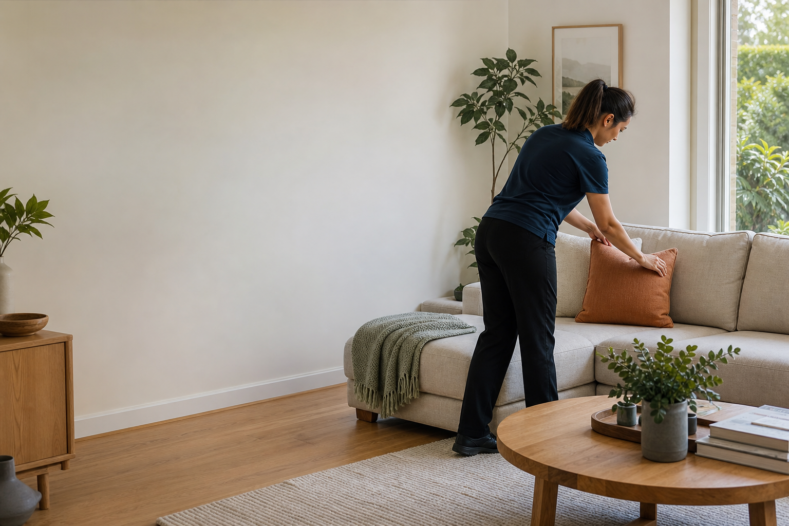 Cleaner refreshing a Melbourne living room during a Standard Clean