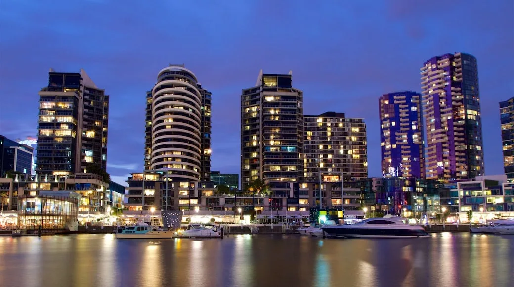 Docklands waterfront and marina at dusk